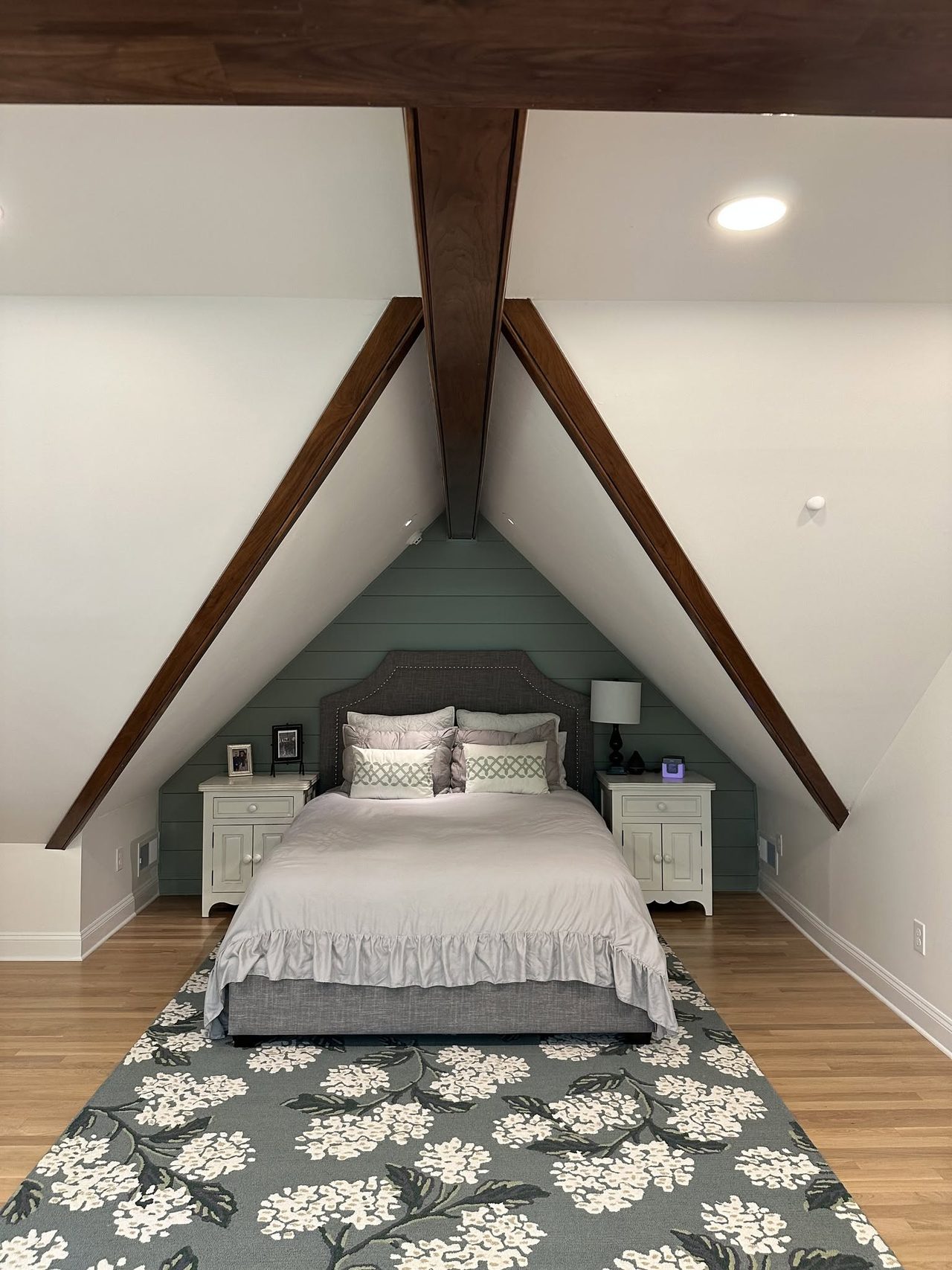 Attic bedroom with exposed beams, Middle Tennessee